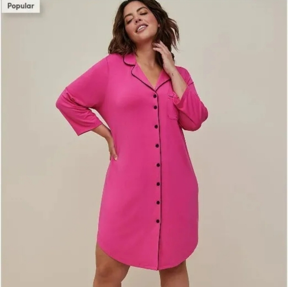 Torrid Pink Button Sleep Gown Nightshirt W/Pocket Black Trim Size 1 - Picture 2 of 5